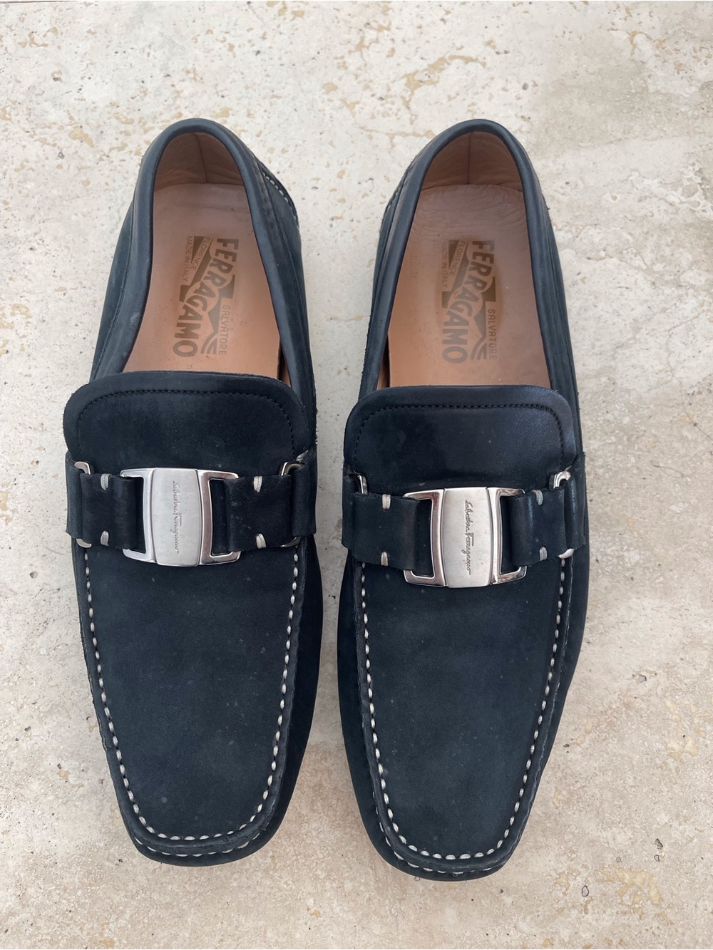 Salvatore Ferragamo Black Suede Bit Loafers with Silver Hardware